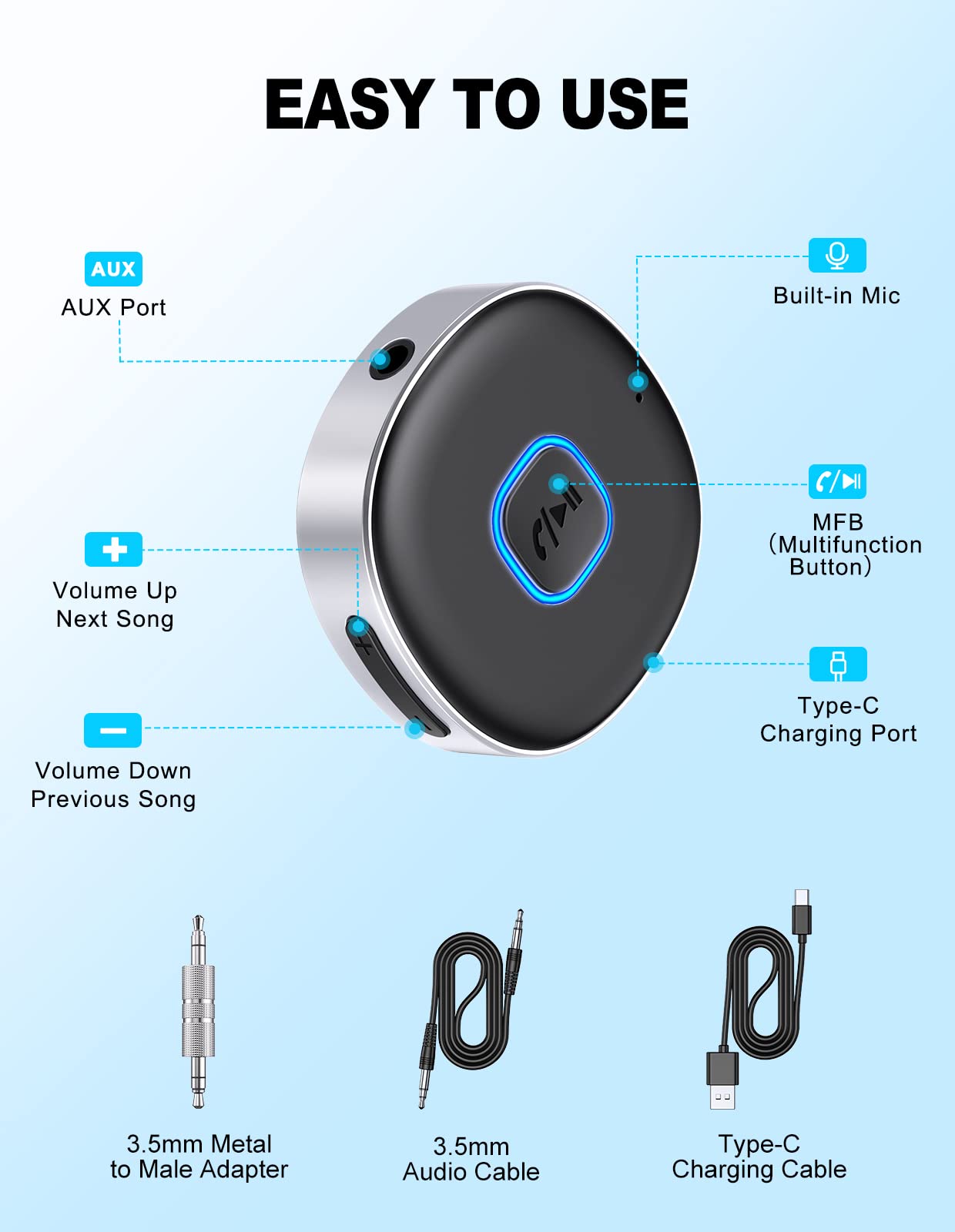 WOCBUY Bluetooth Adapter for Car, 3.5mm AUX Bluetooth Receiver for Music Streaming, Bluetooth 5.0 Wireless Audio Receiver for Car/Home Stereo/Wired Headphones/Speaker, Dual Connection, 12H Playtime 🍁 All In One Marketplace Canada