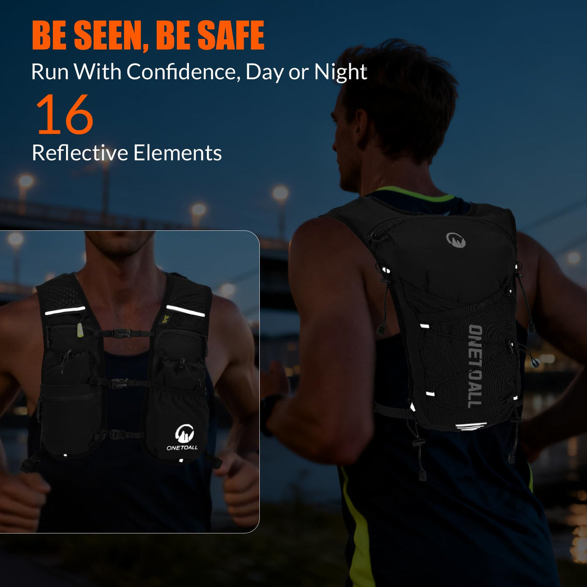 ONETOALL Running Vest for Women & Men, Hydration Backpack 6L - 1x 500ml Flask Included, 16 Reflective Points, Emergency Whistle, Lightweight Breathable for Trail Running, Hiking (Black) 🍁 All In One Marketplace Canada