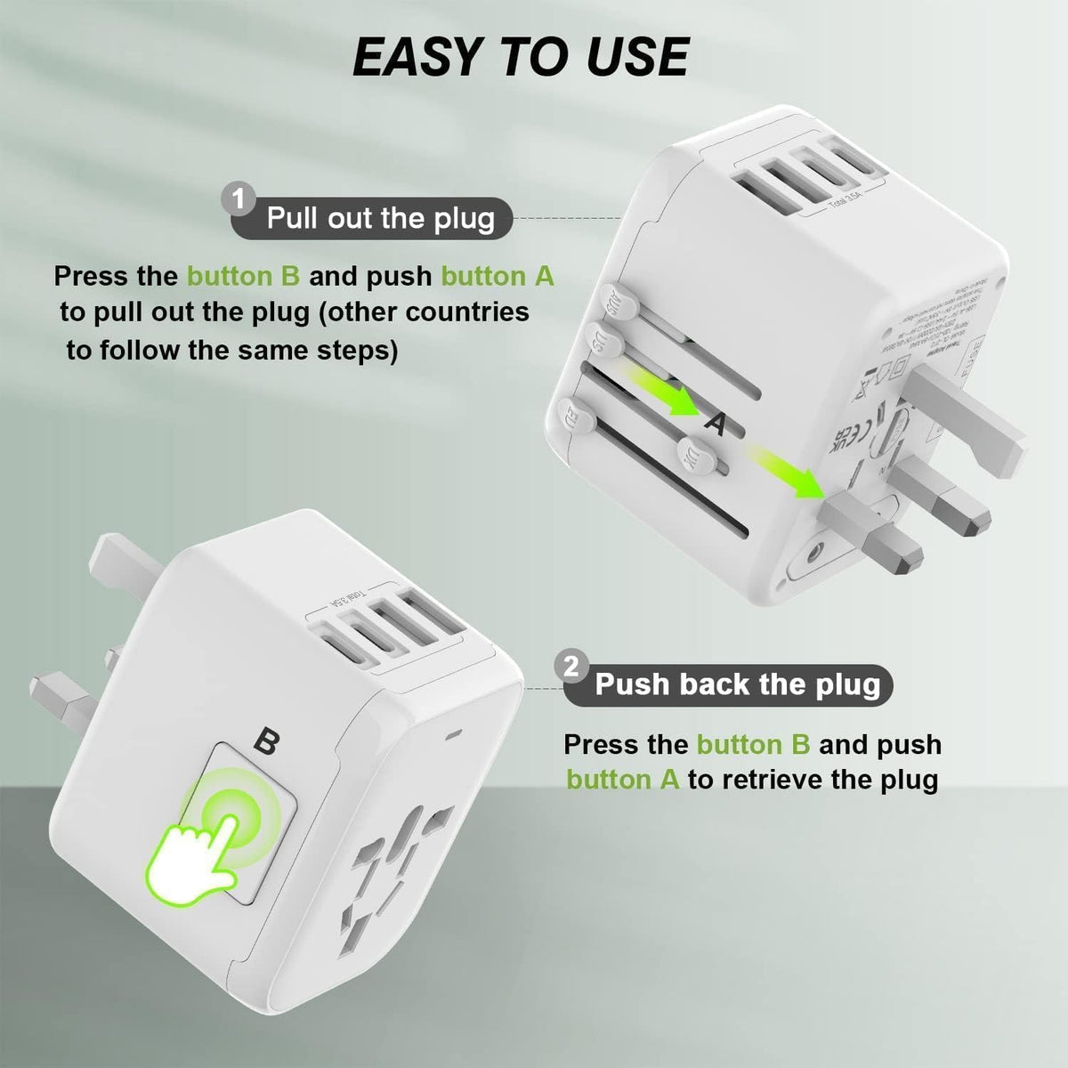 VYLEE Universal International Power Travel Plug Adapter, 5 in 1 European Travel Plug Adapter W/ 3.5A 2xUSB-A and 2xUSB C Wall Charger and Worldwide AC Outlet for Europe USA UK AUS Asia (White) 🍁 All In One Marketplace Canada