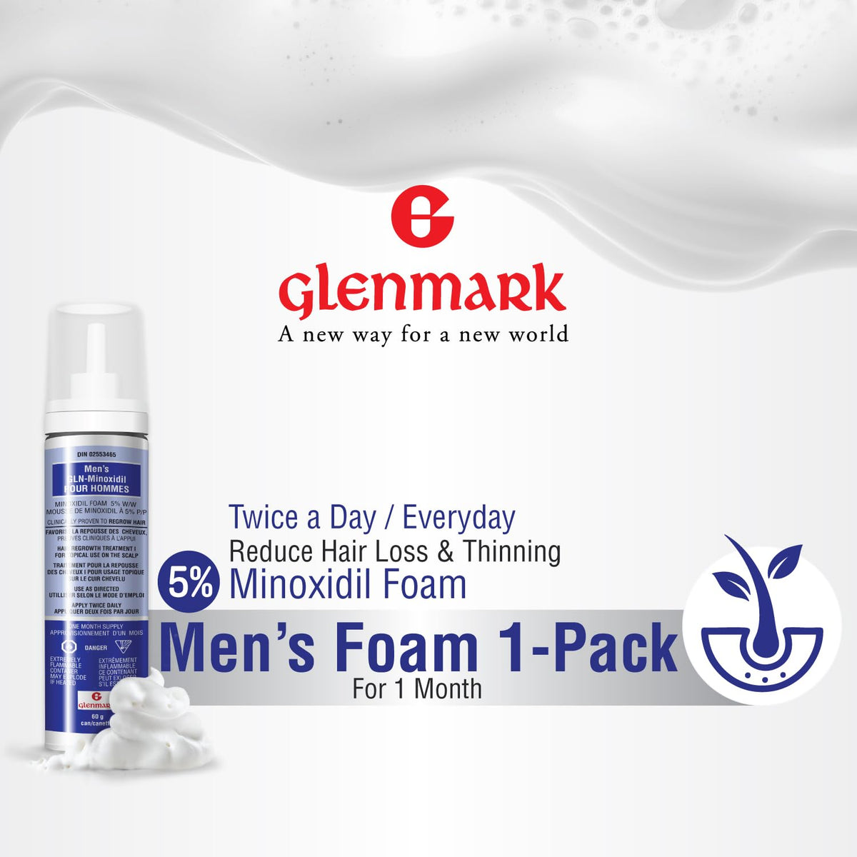 Glenmark | Minoxidil 5% Hair Regrowth Foam for Men, Aerosol Can, 1 Month Treatment (60 gr) – Mess-Free, Fast-Drying Formula for Thinning Hair & Hair Loss – Reactivates Follicles 🍁 All In One Marketplace Canada