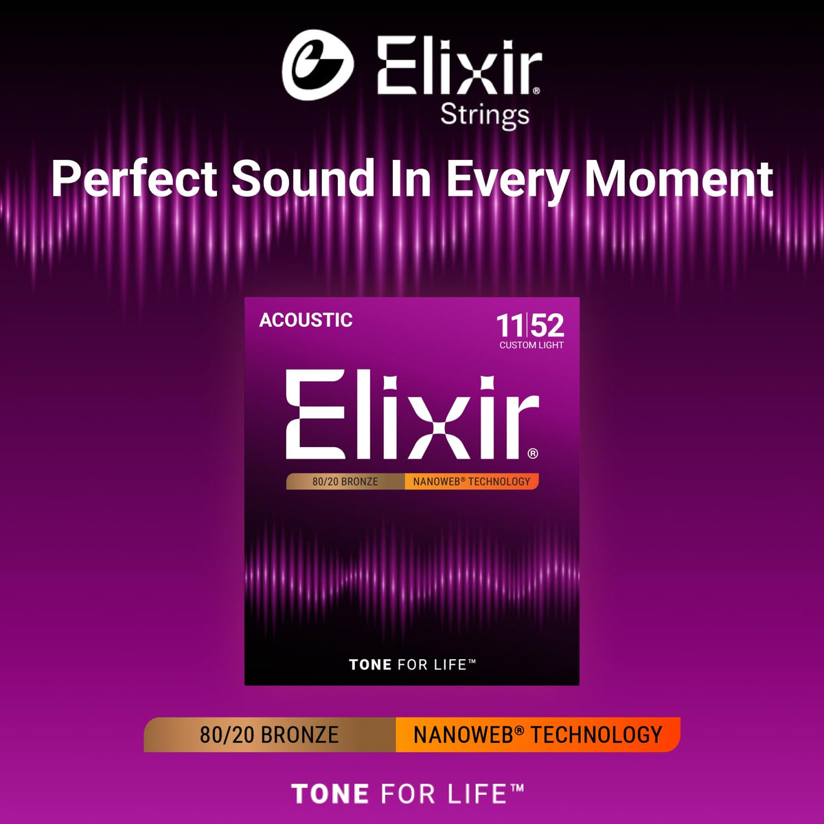 Elixir 80/20 Bronze Acoustic Guitar Strings with Nanoweb Coating - Custom Light 11-52 🍁 All In One Marketplace Canada