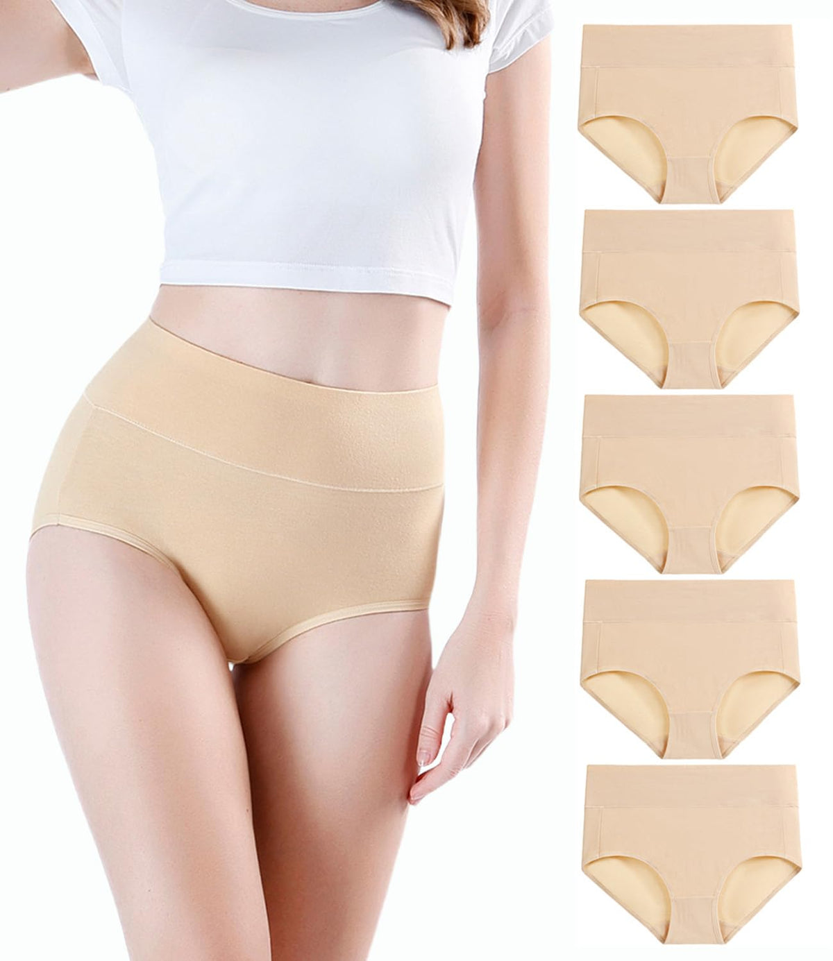 wirarpa Women's High Waisted Cotton Briefs Ladies Underwear Comfortable Panties 5 Pack Beige Large 🍁 All In One Marketplace Canada