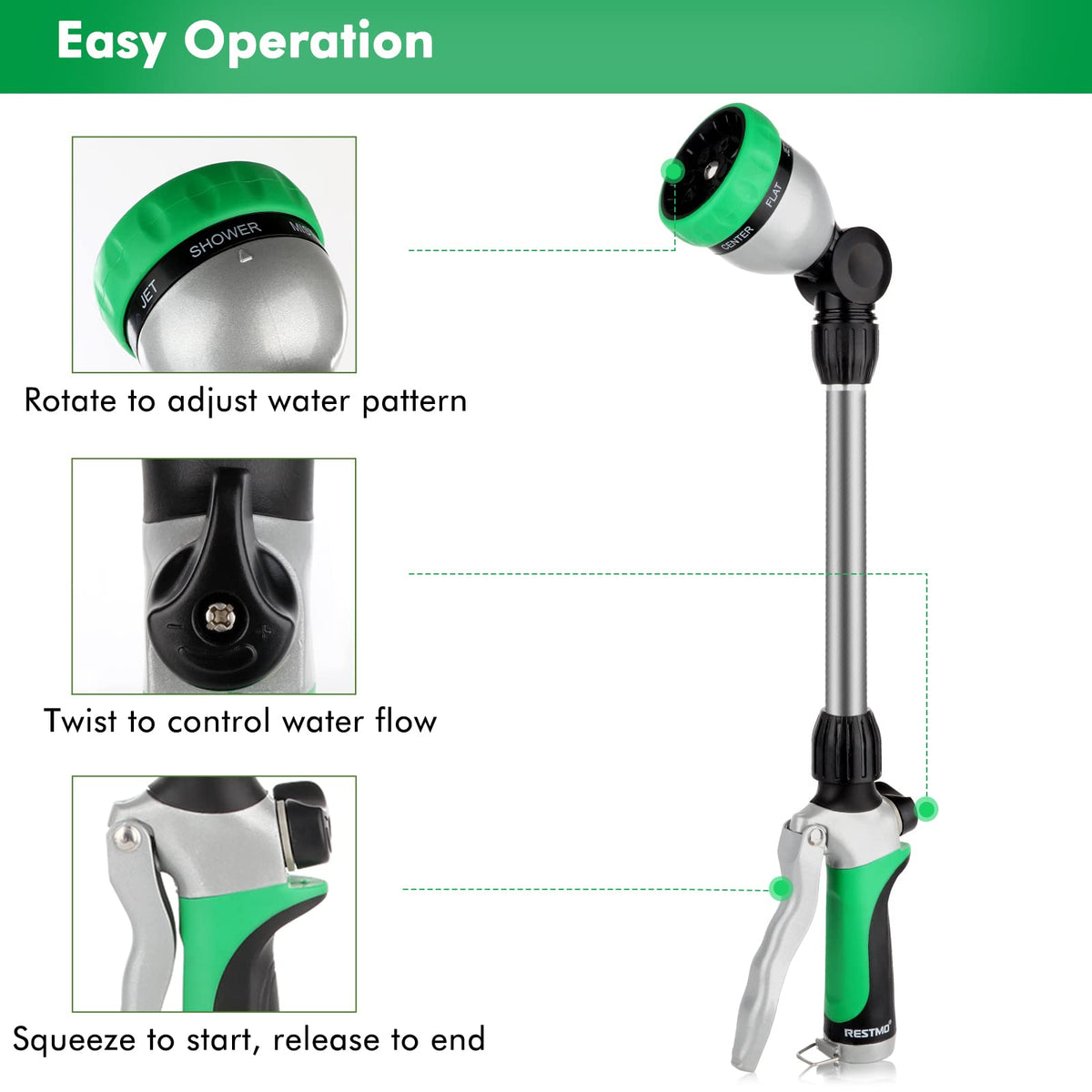 RESTMO Metal Watering Wand, Heavy Duty Garden Hose Wand with 180° Swivel Ratcheting Head, 16-Inch Hose Nozzle Sprayer with 7 Spray Patterns and Flow Control, Ideal to Water Hanging Baskets and Shrubs 🍁 All In One Marketplace Canada