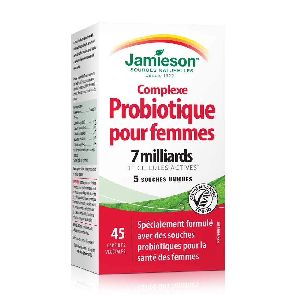 Jamieson Women's Probiotic Complex 7 Billion Active Cells, Supports Digestive Health, Intestinal Health, Gut Flora, and Vaginal Health with Lactobacillus and Bifidobacterium, Non-GMO, Gluten-Free, 45 Vegetarian Capsules 🍁 All In One Marketplace Canada