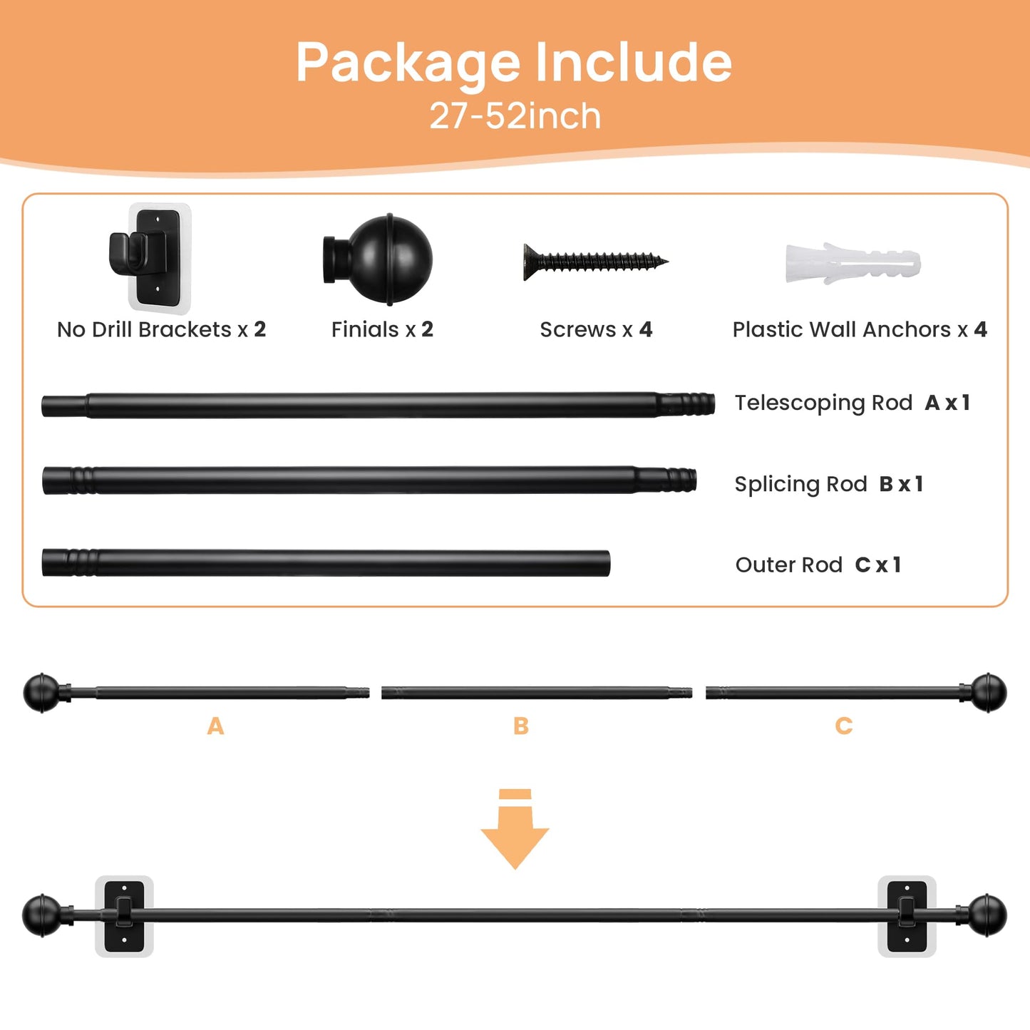 upsimples No Drill Curtain Rods for Window 28 to 48 Inches, 5/8 Inch Diameter Renter Friendly Drapery Rod with Adhesive Brackets without Drilling, Adjustable from 27 to 52 Inches, Black 🍁 All In One Marketplace Canada