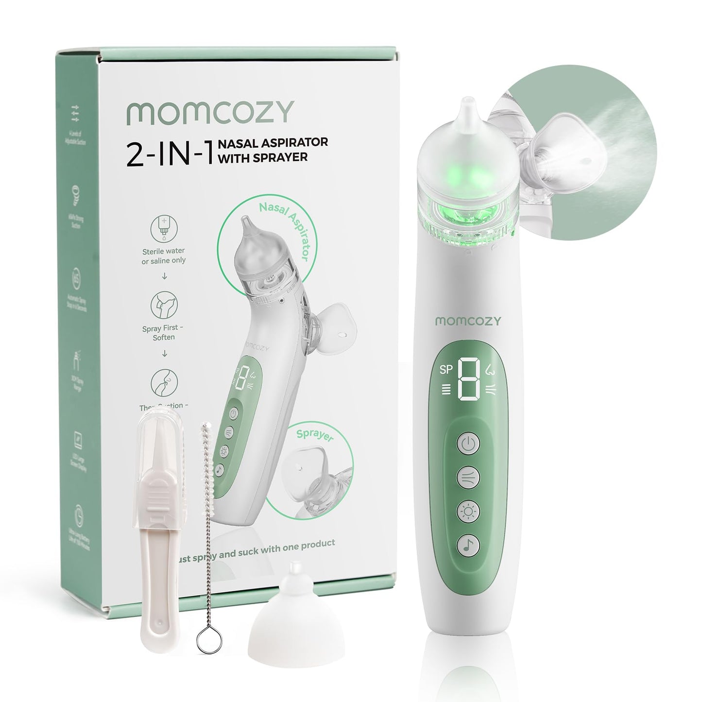 Momcozy BreezyClear™ Spray and Suction 2-in-1 Electric Nasal Aspirator for Baby, 4 Adjustable Suction Levels up to 65kPa Hospital-Grade, Quiet & Portable Nose Cleaner with Soothing Light & Music 🍁 All In One Marketplace Canada