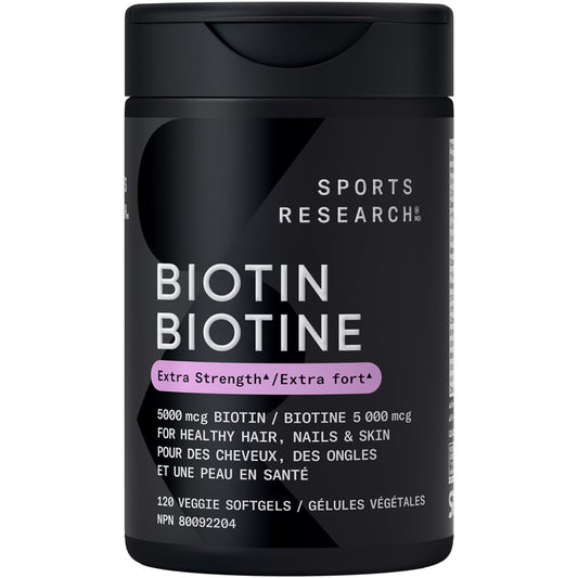 Sports Research® Extra Strength Vegan Biotin 5,000mcg with Organic Coconut Oil - Helps to Maintain Healthy Hair, Nails and Skin - Great for Women & Men - 120 Veggie Softgels 🍁 All In One Marketplace Canada