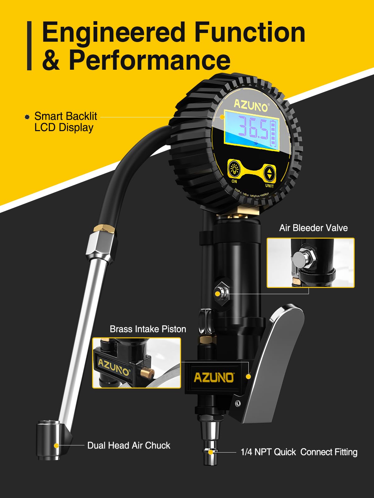 AZUNO Digital Tire Inflator with Pressure Gauge, 200 PSI, Heavy Duty Air Compressor Accessories, w/Rubber Hose Lock on Air Chuck and Quick Connect Coupler (Standard) 🍁 All In One Marketplace Canada