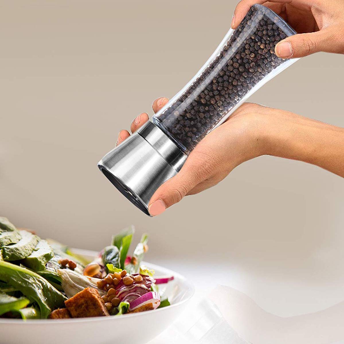 Pepper Grinder or Salt Grinder, Best Spice Mill with Ceramic Blades, Adjustable Coarseness, Brushed Stainless Steel Cap, and Refillable Tall Glass Body with 6OZ Capacity (7.5") 🍁 All In One Marketplace Canada