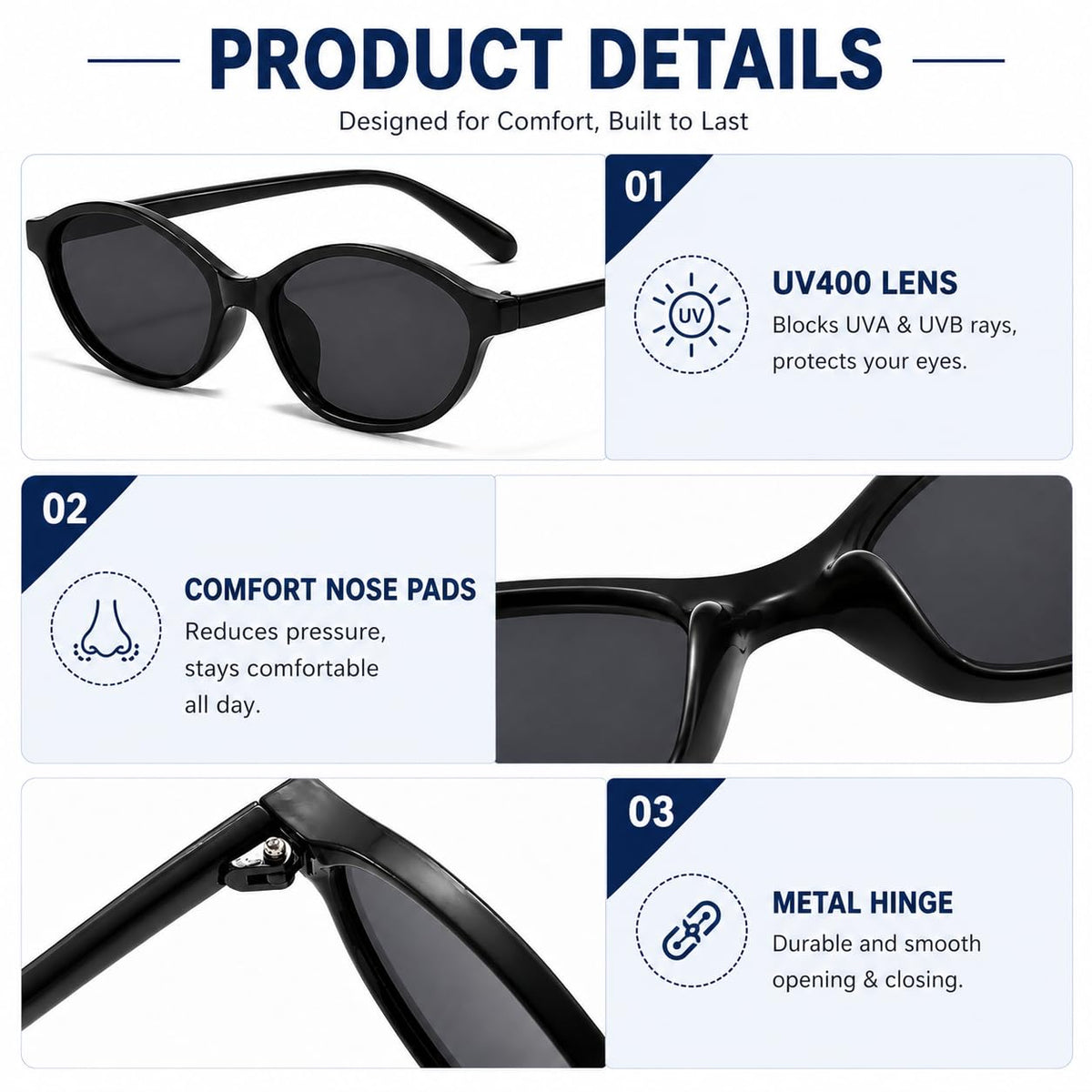 Retro Oval Cat Eye Sunglasses for Women 90s Trendy Small Lightweight Y2k Narrow Sunnies Cateye UV400 Sun Glasses 8057 Black+Brown+Tortoise 🍁 All In One Marketplace Canada