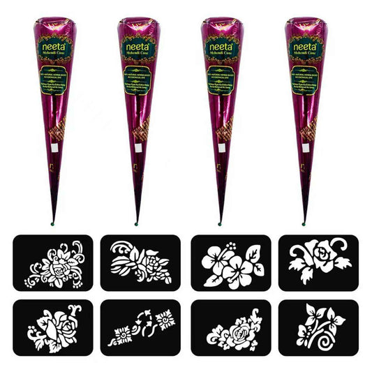 4 Pack Natural Mehendi Cone Henna Paste Temporary Tattoo Paste with 8pcs Tattoo Stencils| Each cone 25 grams | Indian Body Art Painting Drawing Tattoos Freckles (Reddish Brown Color) 🍁 All In One Marketplace Canada