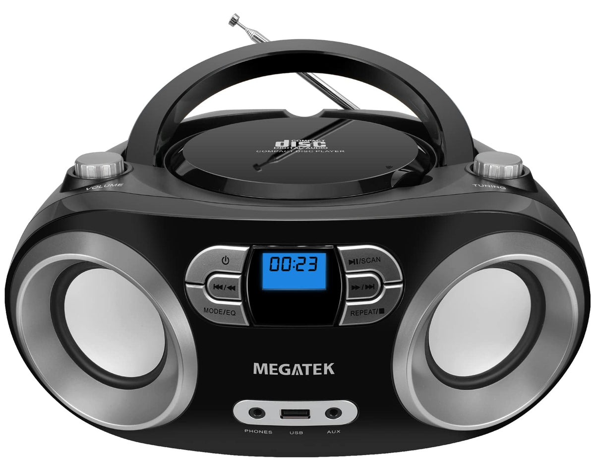 MEGATEK Portable CD Player Boombox with FM Radio, Bluetooth, USB Port, AUX Input, and Headphone Jack – CD-R/CD-RW/MP3-CD Compatible, Clear Stereo Sound, Backlit LCD Display – Black 🍁 All In One Marketplace Canada