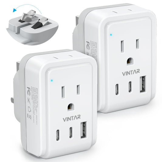 2 Pack Canada to UK Plug Adapter, VINTAR Foldable Type G Travel Adapter with 2 Outlets and 3 USB Ports(2 USB C), 5 in 1 Ireland Plug Adaptor for US to UK England London Scotland Irish 🍁 All In One Marketplace Canada