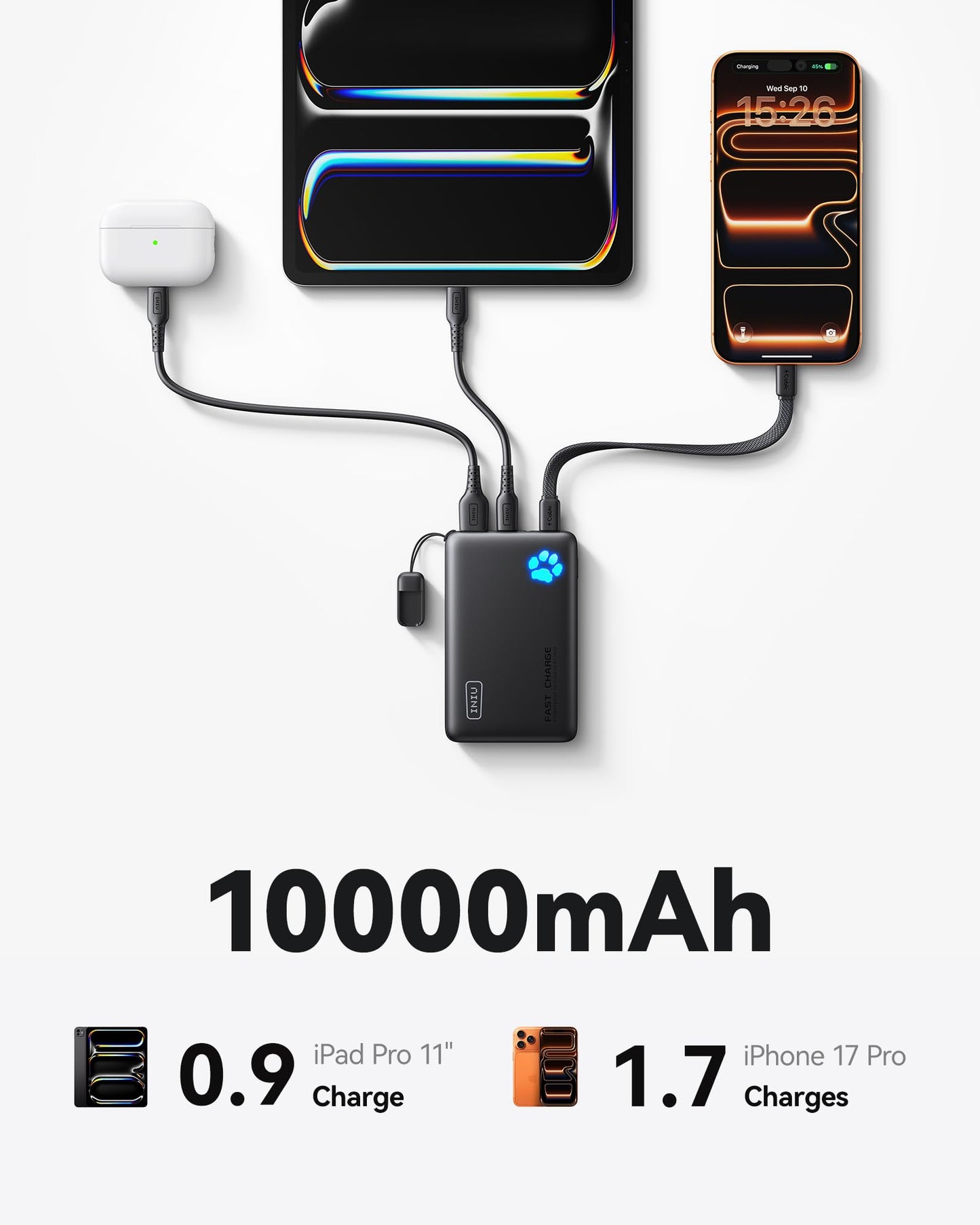 INIU Power Bank, 40% Smaller 10000mAh Portable Charger, 45W Ultra Fast Charging Powerbank with Detachable USB C Cable, Flight-Safe Travel External Battery Pack for iPhone 17 16 Samsung Google iPad etc 🍁 All In One Marketplace Canada
