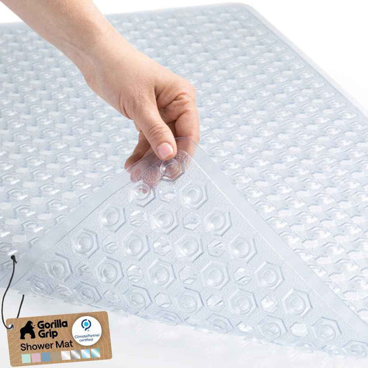 GORILLA GRIP Patented Bath Tub Shower Mat, Machine Washable Bathtub Floor Liner Mats, Suction Cups and Drain Holes to Keep Tubs Clean, Bathroom Essentials, 89x41 cm, Clear 🍁 All In One Marketplace Canada