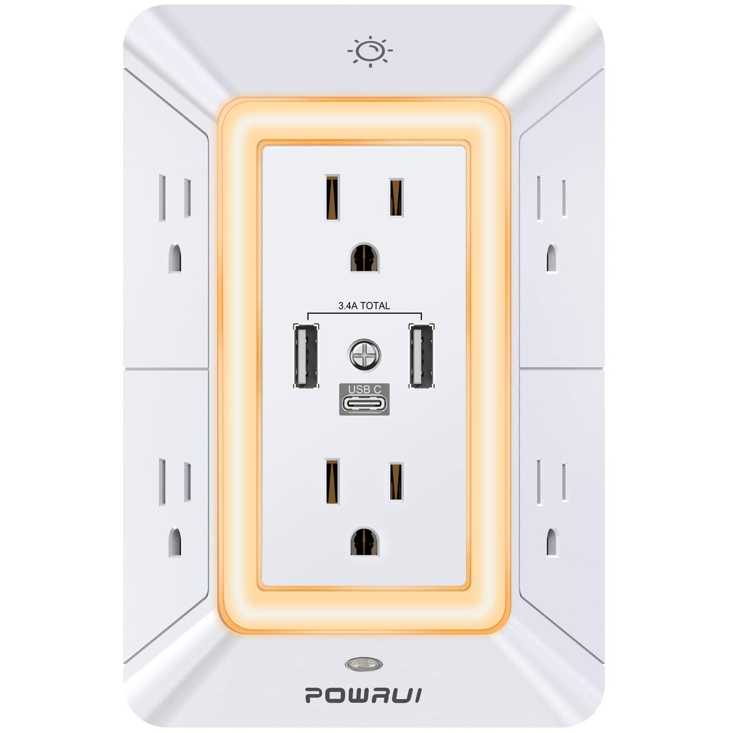 3-Sided Power Bars with Surge Protector, POWRUI 6-Outlet Extender with 3 USB Ports (1 USB C) and Night Light, Multi Plug Outlet and Spaced Outlets Adapter, ETL, White 🍁 All In One Marketplace Canada