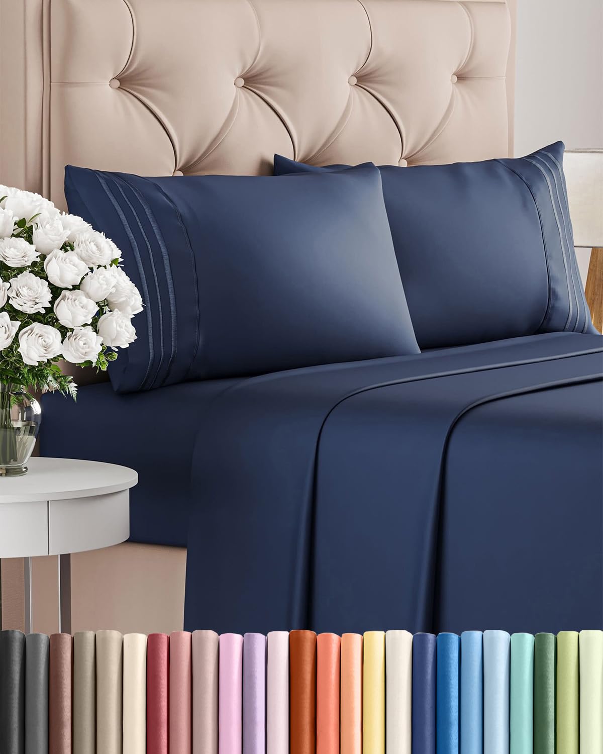 Full Size 4 Piece Sheet Set - Comfy Breathable & Cooling Sheets - Hotel Luxury Bed Sheets for Women & Men - Deep Pockets, Easy-Fit, Extra Soft & Wrinkle Free Sheets - Navy Blue Oeko-Tex Bed Sheet Set 🍁 All In One Marketplace Canada