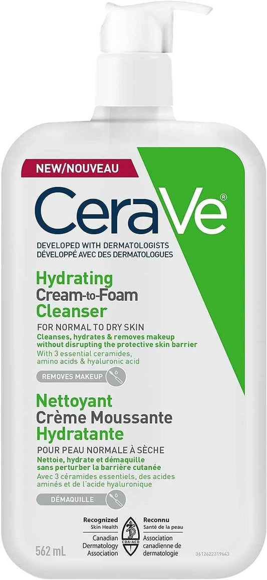 CeraVe Hydrating Cream-to-Foam Face Cleanser, One-Step Face Wash With Hyaluronic Acid & Amino Acid Complex, Gently Cleanses Skin, Non-Comedogenic, Fragrance-Free, Normal to dry skin, 562mL 🍁 All In One Marketplace Canada