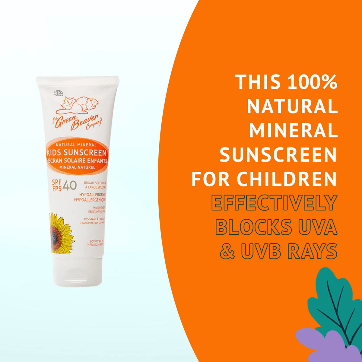 Green Beaver SPF 40 Sport Sunscreen for Kids, 100% Natural Lotion, Reef Safe, Mineral made with Organic Ingredients, Broad-Spectrum UVA and UVB Sun Protection, Water and Sweat resistant, Benzene-free, Hypoallergenic and Hydrating for the Skin, 90ml