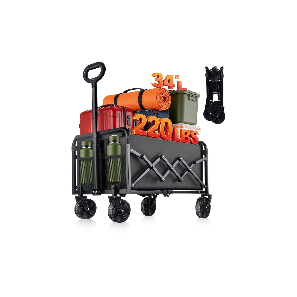 220LBS Collapsible Foldable Wagon Carts - Heavy Duty Portable Folding Utility Wagons with All-Terrain Wheels for Grocery Sports Shopping Camping Garden Beach, 2 Drink Holders/Lightweight/Black 🍁 All In One Marketplace Canada