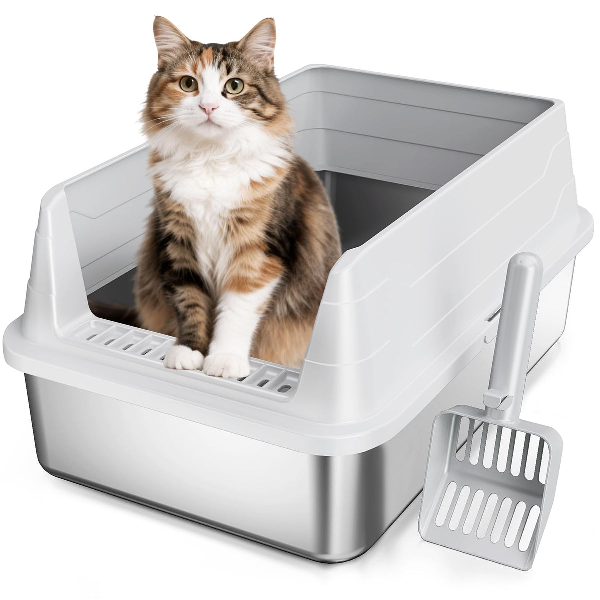 Stainless Steel Cat Litter Box, Odor Free Metal Litter Box with High Sides Lid, Open Top Low Entry Litter Pan Include Scoop Easy Cleaning Anti-Scratch Kitty Cat Box Anti-Urine Leakage, Non-Sticky 🍁 All In One Marketplace Canada