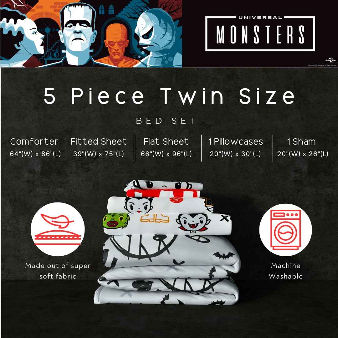 Universal Little Monsters Halloween 5 Piece Twin Bedding Set - Super Soft Cozy Reversible Comforter and Sheet Set with Sham, (Officially Licensed Product) by Franco