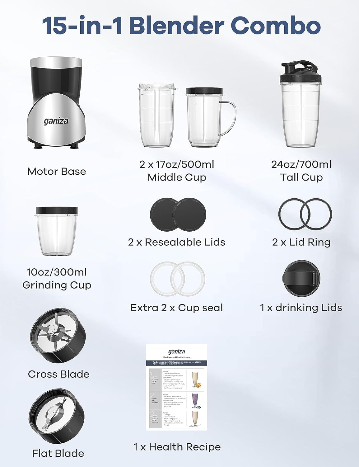 Smoothie Blender, Ganiza Blenders for Smoothies with 15-Piece Blender and Grinder Combo, 4 BPA-Free Personal Blender Cup, for Shakes, Protein Drinks, Fruit Vegetable Drink, Nuts, Spices, Coffee Beans 🍁 All In One Marketplace Canada