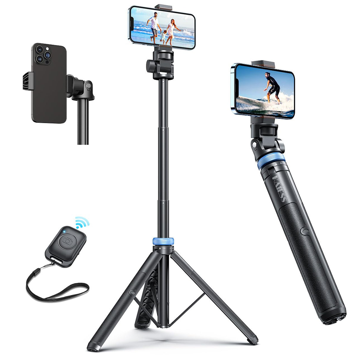 Kaiess 62" Phone Tripod, Selfie Stick Tripod & Phone Tripod Stand with Remote, Cell Phone Tripod for iPhone, Extendable Travel Tripod Compatible with iPhone/Android/Camera 🍁 All In One Marketplace Canada