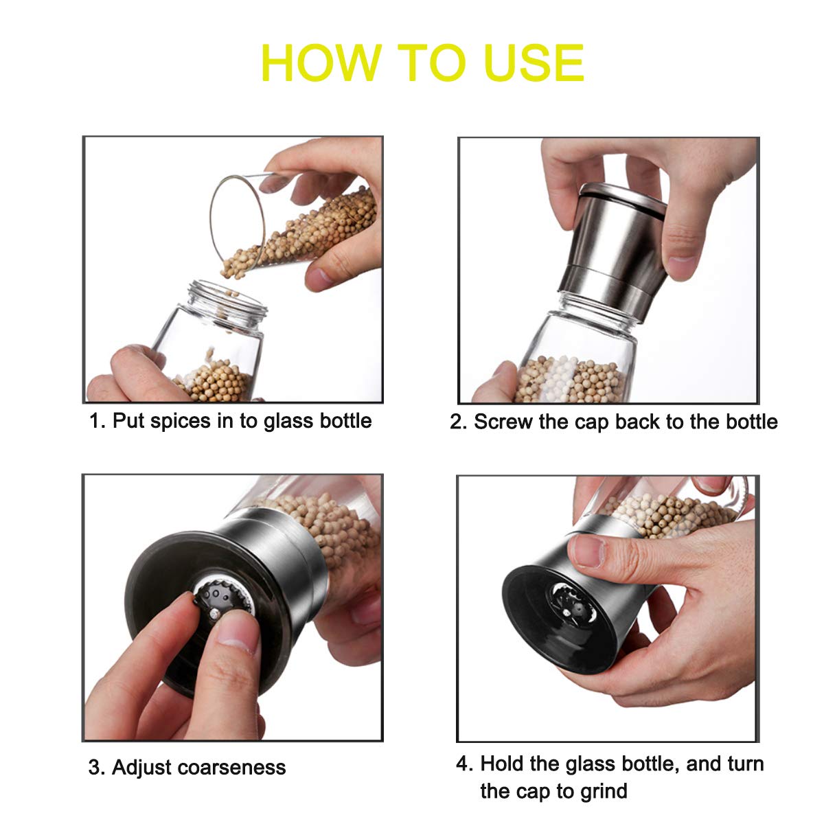 Pepper Grinder or Salt Grinder, Best Spice Mill with Ceramic Blades, Adjustable Coarseness, Brushed Stainless Steel Cap, and Refillable Tall Glass Body with 6OZ Capacity (7.5") 🍁 All In One Marketplace Canada