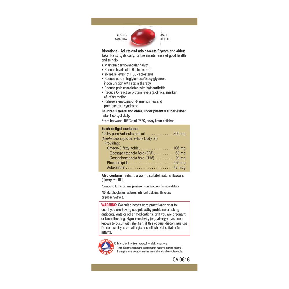 Jamieson Omega Complete Pure Krill Oil 500 mg, 100 Softgels, No Fishy Aftertaste, Supports Heart Health, and Provides Superior Absorption. With Antarctic Krill Oil. Proudly Canadian 🍁 All In One Marketplace Canada