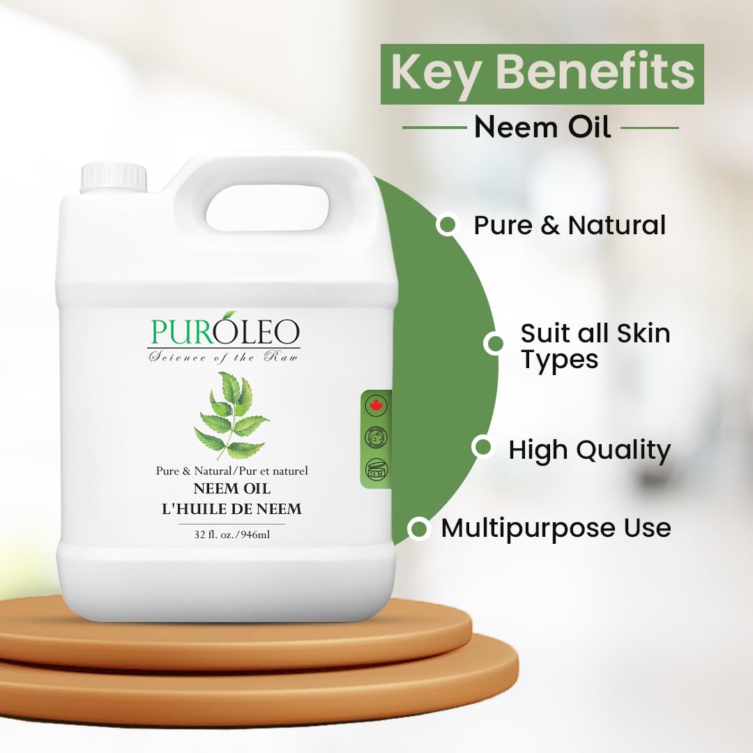 PUROLEO NEEM Oil 32 Fl Oz/946 ML (Packed In Canada) Pure and Natural Neem Oil for Multipurpose Use | Neem Oil extracted from NEEM Plante Chemical free Neem Oil Spray 🍁 All In One Marketplace Canada