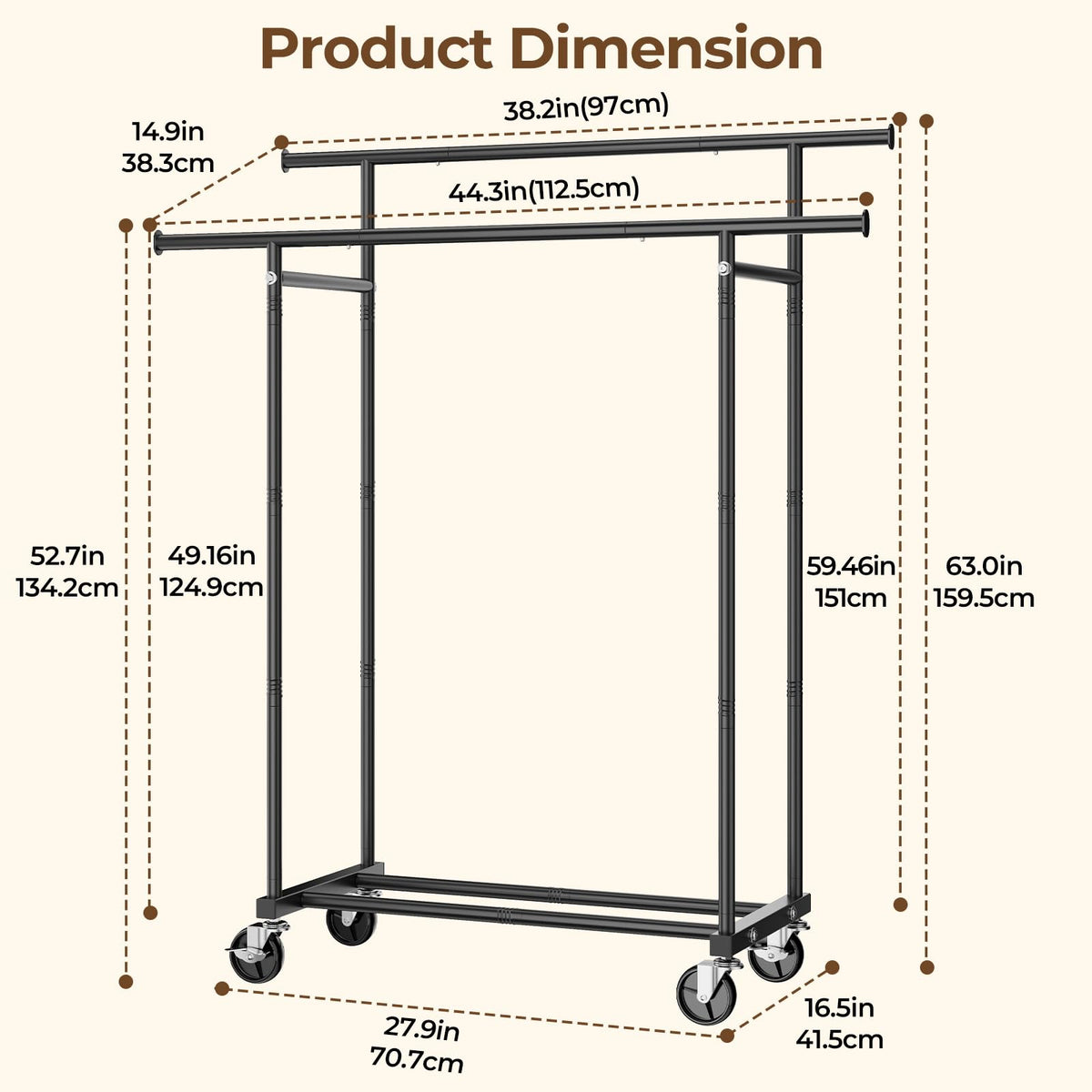HYSEYY Double Rods Clothing Rack, Rolling Clothes Rack, Metal Garment Rack with 4 Lockable Wheels & Storage Shelf, Sturdy Coat Rack for Bedroom, Laundry, Living Room - 160H x 113W x 42D cm (Black) 🍁 All In One Marketplace Canada