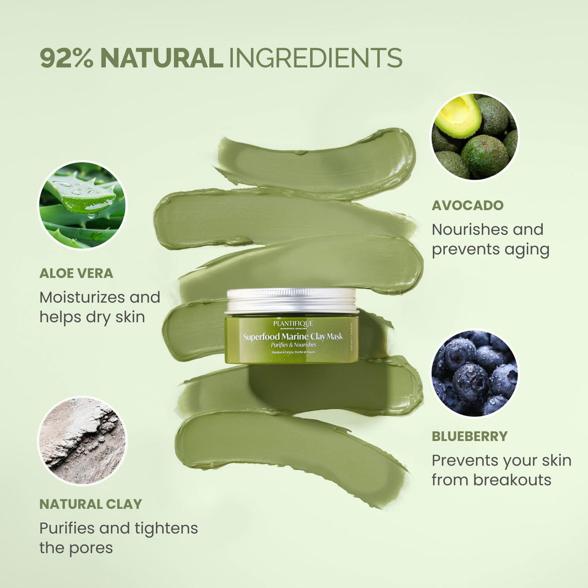 PLANTIFIQUE Clay Mask with Avocado & Superfoods - Korean Face Masks Skincare Products - Dermatologically Tested - Masque Visage Beauté - Gift Idea, 110g / 3.88 fl oz 🍁 All In One Marketplace Canada