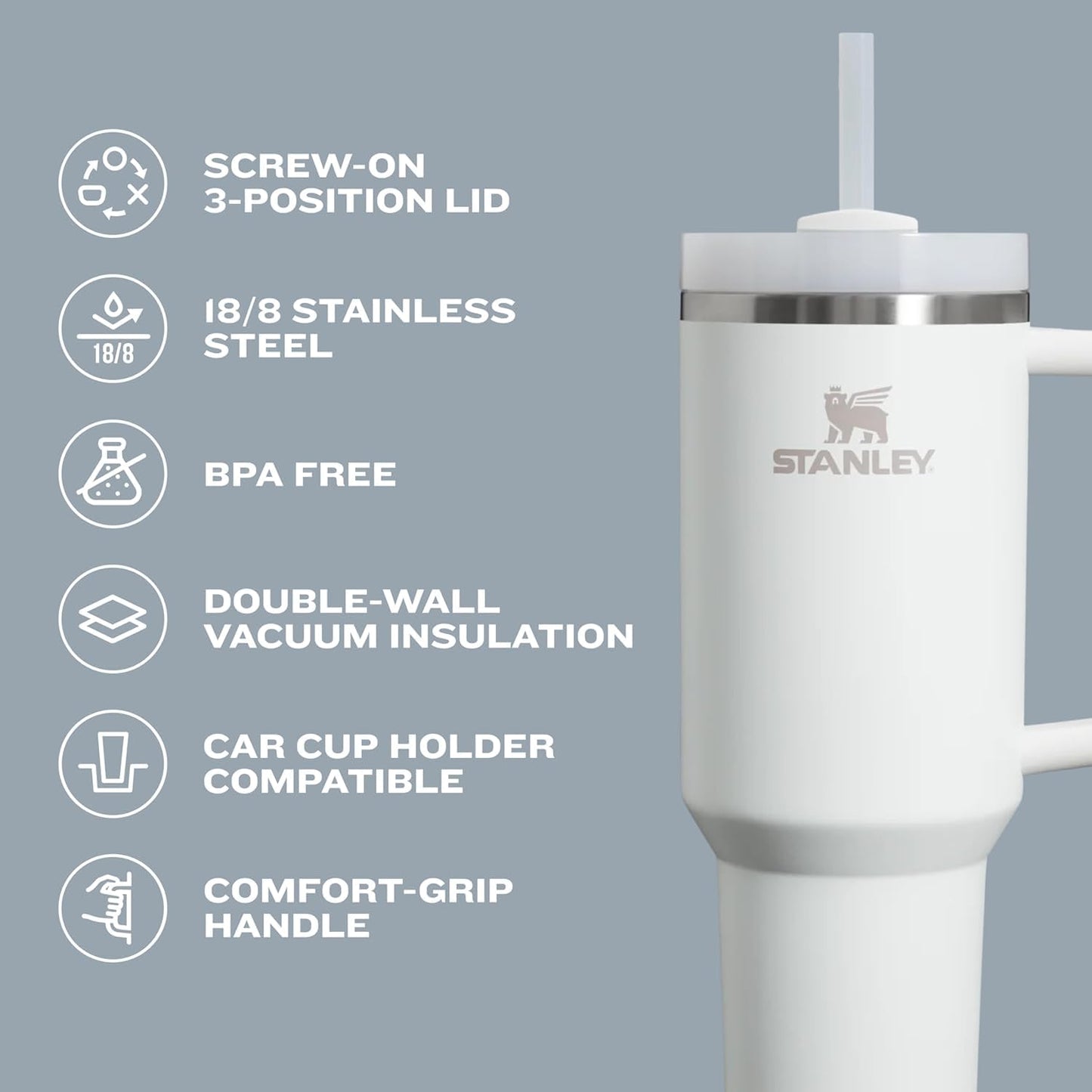 Stanley Quencher H2.0 Tumbler with Handle and Straw 30 oz Flowstate 3-Position Lid Cup Holder Compatible for Travel Insulated Stainless Steel Cup BPA-Free Cream Royal 🍁 All In One Marketplace Canada