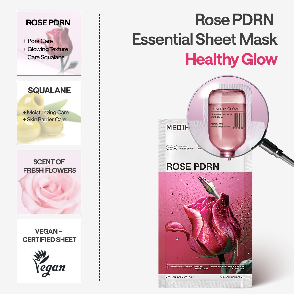 MEDIHEAL Rose PDRN Essential Face Mask - Healthy Glow with Squalane & Vitamin C, Hydrating & Firming, Pore Minimizer & Moisture Barrier, Vegan, Korean Skincare for Women (10 Sheets) 🍁 All In One Marketplace Canada