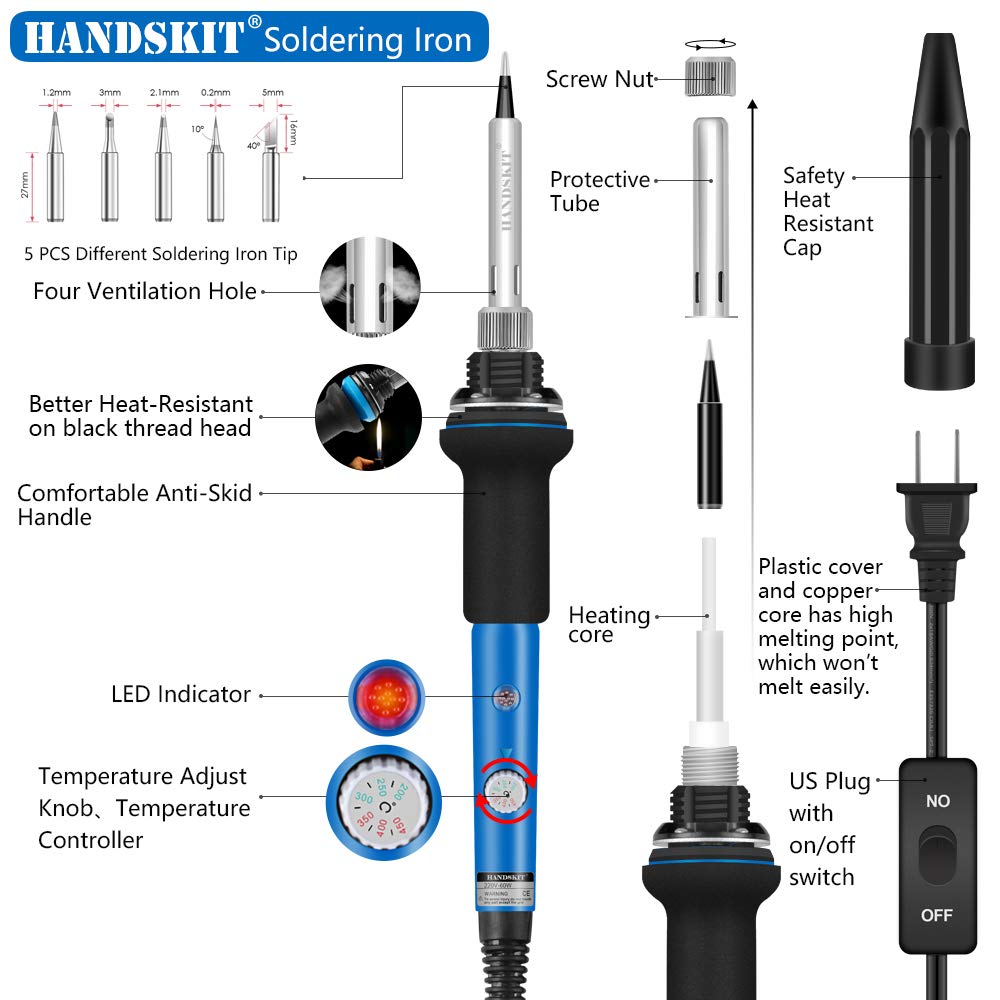 HANDSKIT Soldering Iron Kit, 60W Adjustable Temperature Welding Tool, 5pcs Soldering Iron Tip, Soldering Iron Stand, Desoldering Pump, Tweezers, Solder Wire, Carry Bag 🍁 All In One Marketplace Canada