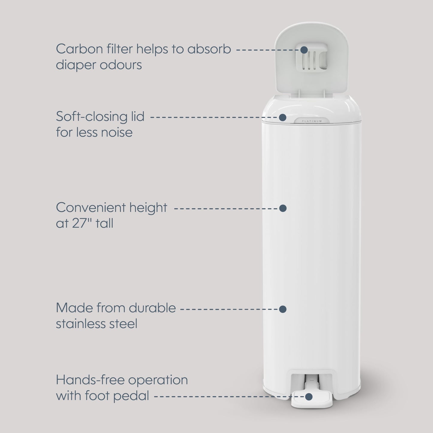 Diaper Genie Platinum Diaper Pail, White - Made in Durable Stainless Steel and Includes 1 Easy Roll Refill with 18 Bags 🍁 All In One Marketplace Canada