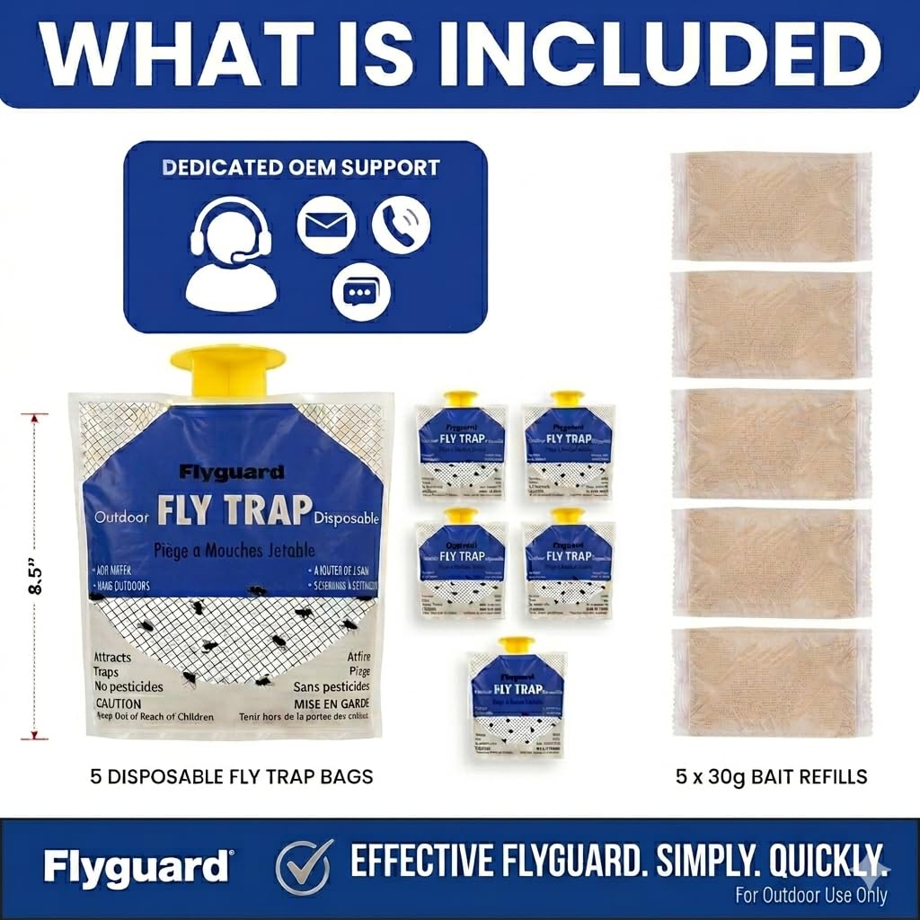 Flyguard 5-Pack Disposable Hanging Fly Trap Bag – Outdoor Odor-Free Insect Catcher for Patios, Gardens, Farms, and Campsites – Eco-Friendly, Pet Safe, No Electricity Required (Hang Style) 🍁 All In One Marketplace Canada