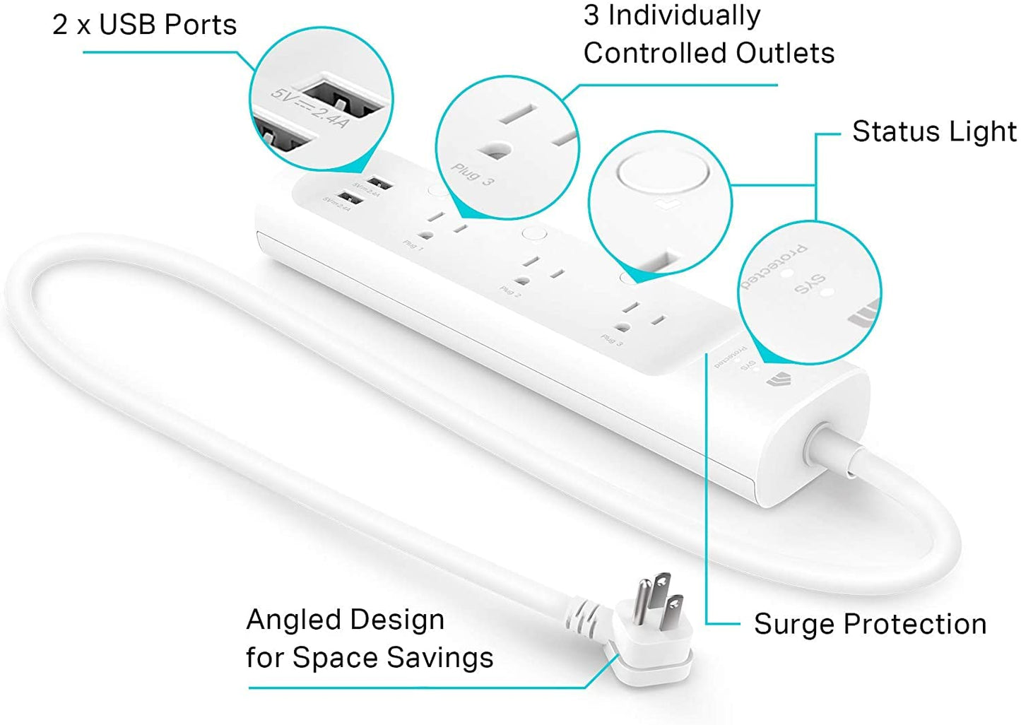 Kasa Smart Plug Power Strip by TP-Link (KP303) - Surge Protector with 3 Smart Outlets and 2 USB Ports, Works with Alexa Echo and Google Home, 2.4 Ghz Wifi Required, No Hub Required 🍁 All In One Marketplace Canada