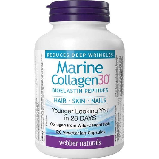 Webber Naturals Collagen30 Marine Bioelastin Peptides, 500 mg of Collactive Marine Collagen Peptide Complex Per Pill, 120 Capsules, Helps Reduce Deep Wrinkles and Joint Pain 🍁 All In One Marketplace Canada