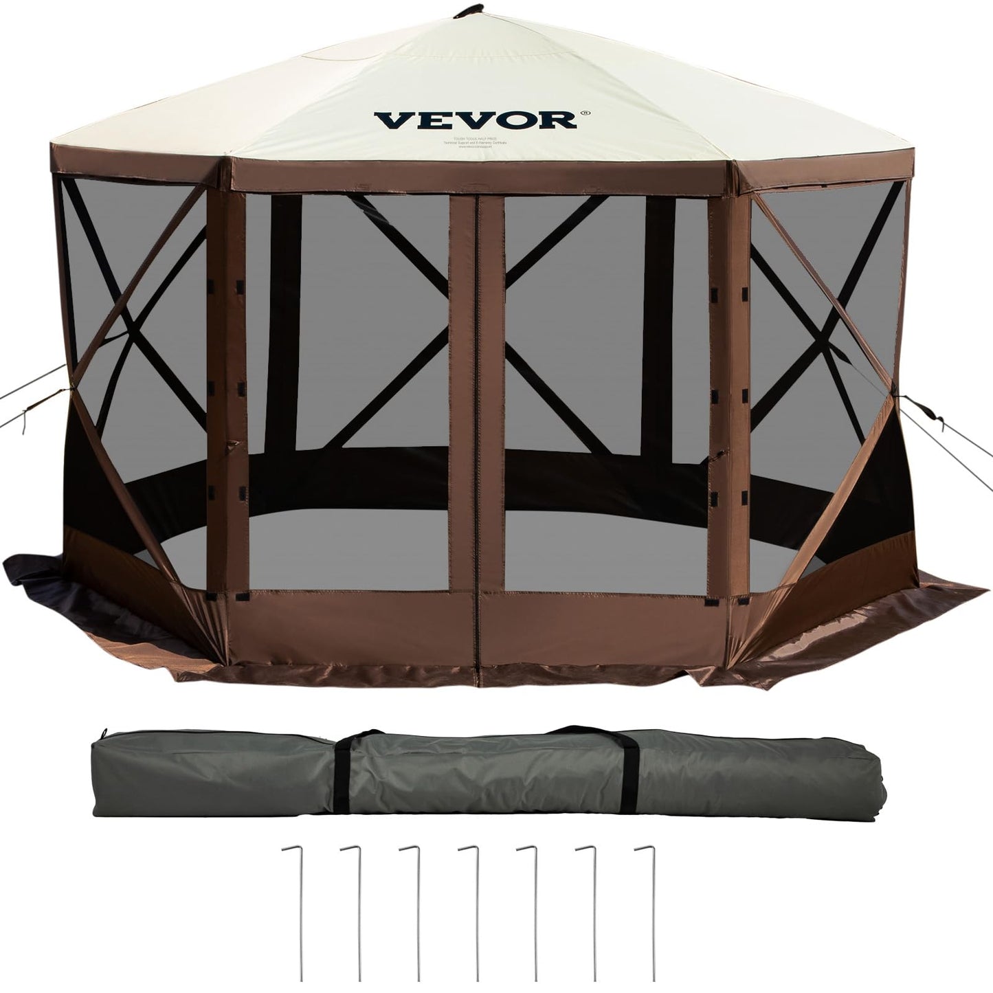 VEVOR Camping Gazebo Tent, 12'x12', 6 Sided Pop-up Canopy Screen Tent for 8 Person Camping, IPX3 Water-Resistant Screen Shelter w/Portable Storage Bag, Ground Stakes, Mesh Windows, Brown & Beige 🍁 All In One Marketplace Canada