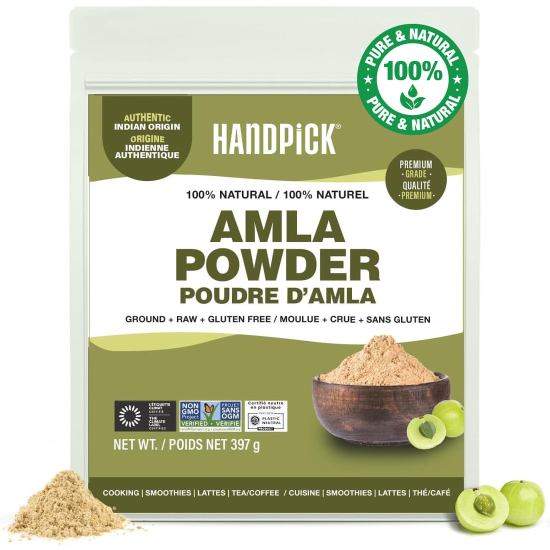 HANDPICK, Amla Powder (397gm/14oz) Halal Amalaki, Non-GMO | 100% Raw and Natural - Lab Tested for Purity | Indian Gooseberry Powder | Resealable Zip Lock Pouch 🍁 All In One Marketplace Canada