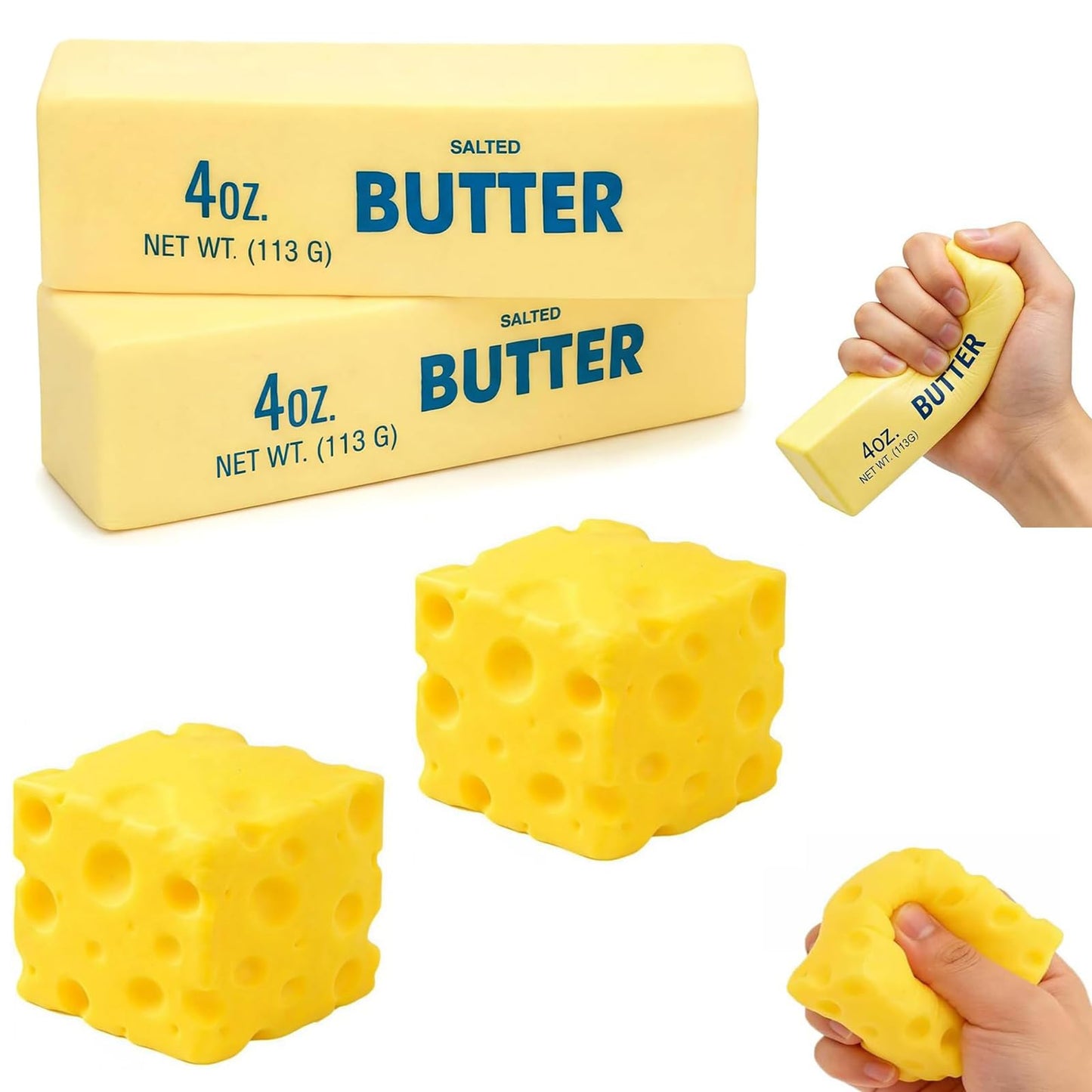 4 PCS Squishy Cheese Butter, 2 PCS Squishy Butter and 2 PCS Cheese, Stress Relief Cube Block, Yellow Unbreakable Figurine Simulation Cheeses Ball (2 Cheeses+2 Butter) 🍁 All In One Marketplace Canada