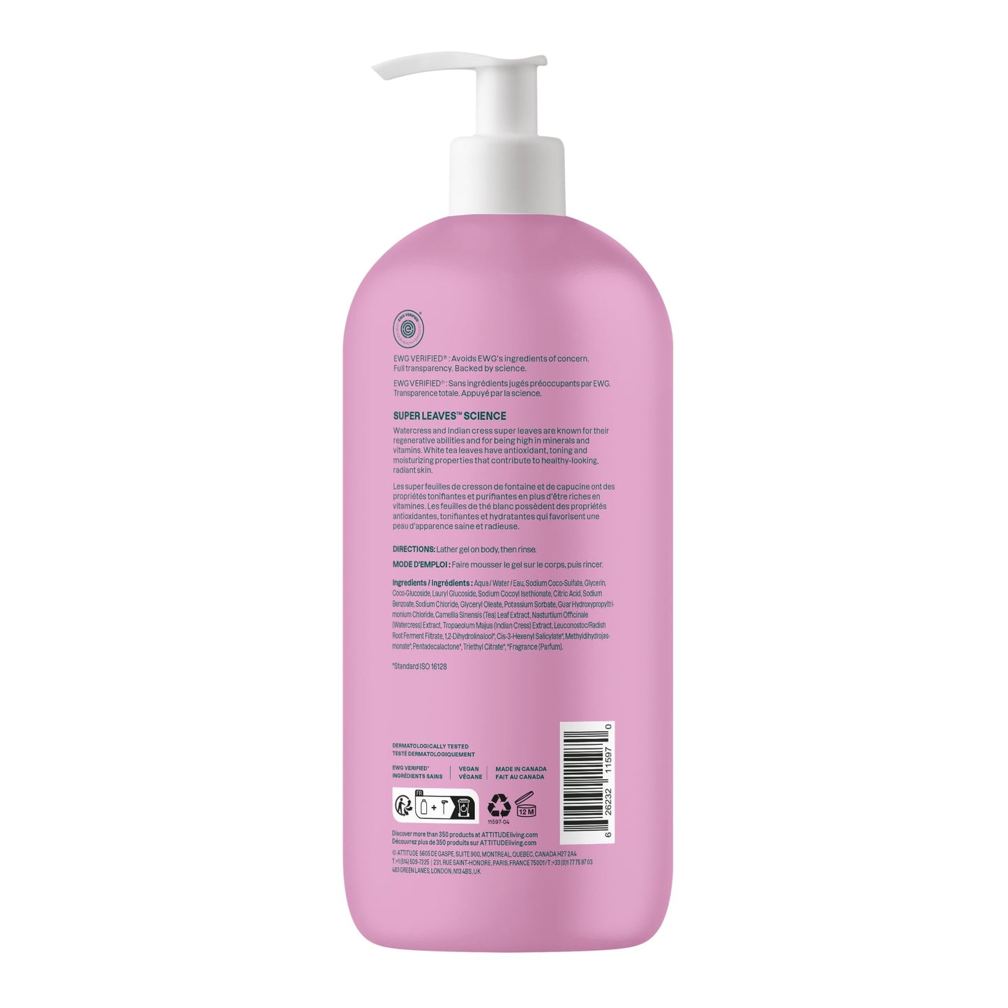 ATTITUDE Body Wash, Made in Canada, EWG Verified Shower Gel, Dermatologically Tested, Plant and Mineral-Based, Vegan Personal Care Products, White Tea Leaves, 946 mL 🍁 All In One Marketplace Canada