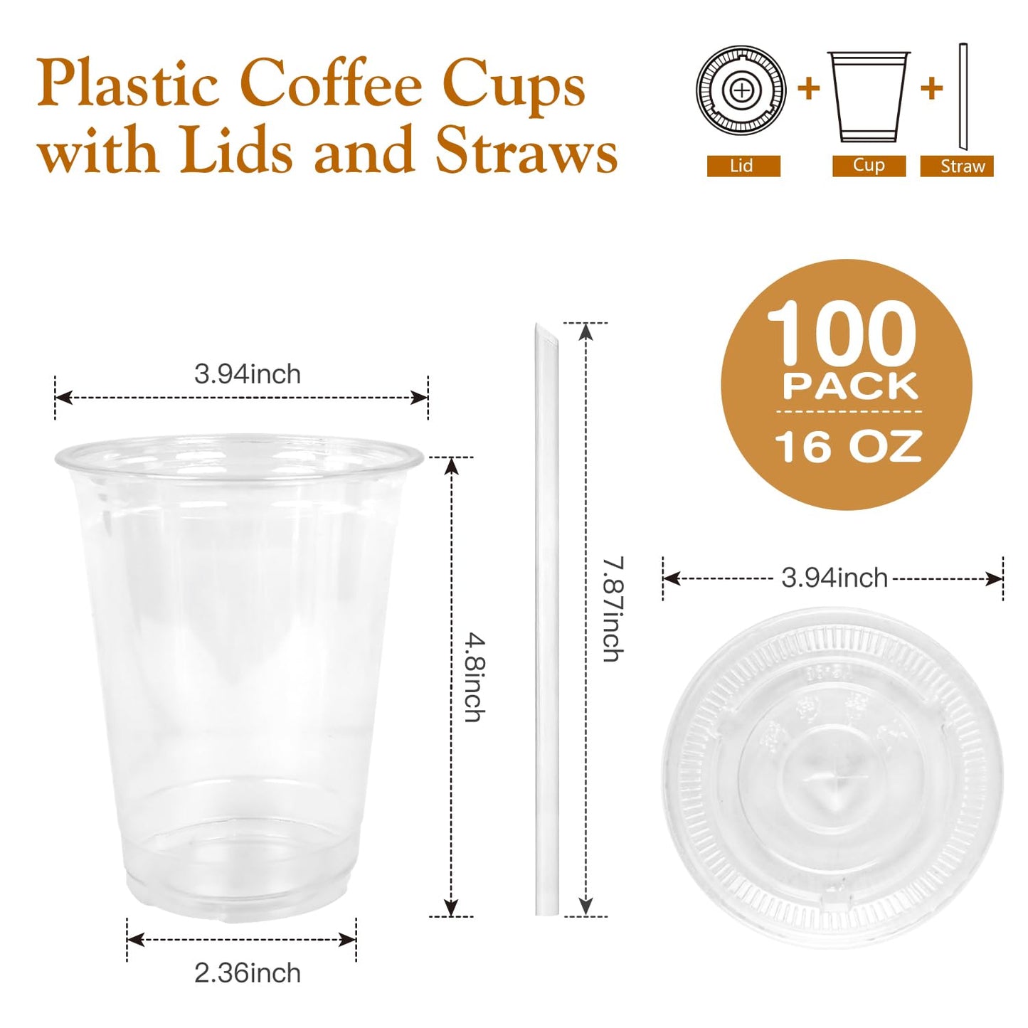 Joyeux 100 Pack 16 oz Clear Plastic Cups with Lids and Straws - Disposable Iced Coffee Cups for Matcha, Milkshakes, Smoothies and to go Drinks 🍁 All In One Marketplace Canada