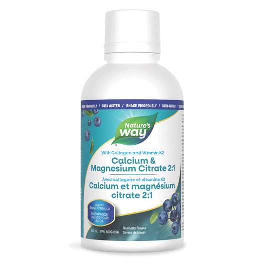 Nature's Way Calcium and Magnesium Citrate 2:1 - Liquid Supplement with Vitamin K2 and Collagen – Helps Support the Maintenance of Bones and Teeth – Blueberry Flavour, 500 mL 🍁 All In One Marketplace Canada