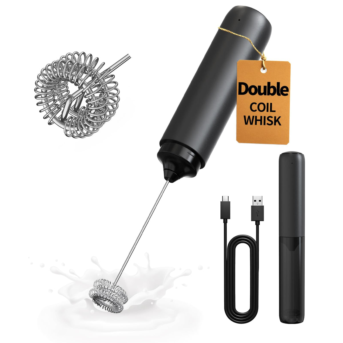 CIRCLE JOY Electric Milk Frother Handheld, Rechargeable Coffee Frother with Dual Spring Whisk, Portable Hand Frother Wand Drink Mixer for Coffee, Hot Chocolate, Cappuccino, Frappe, Matcha, Black 🍁 All In One Marketplace Canada
