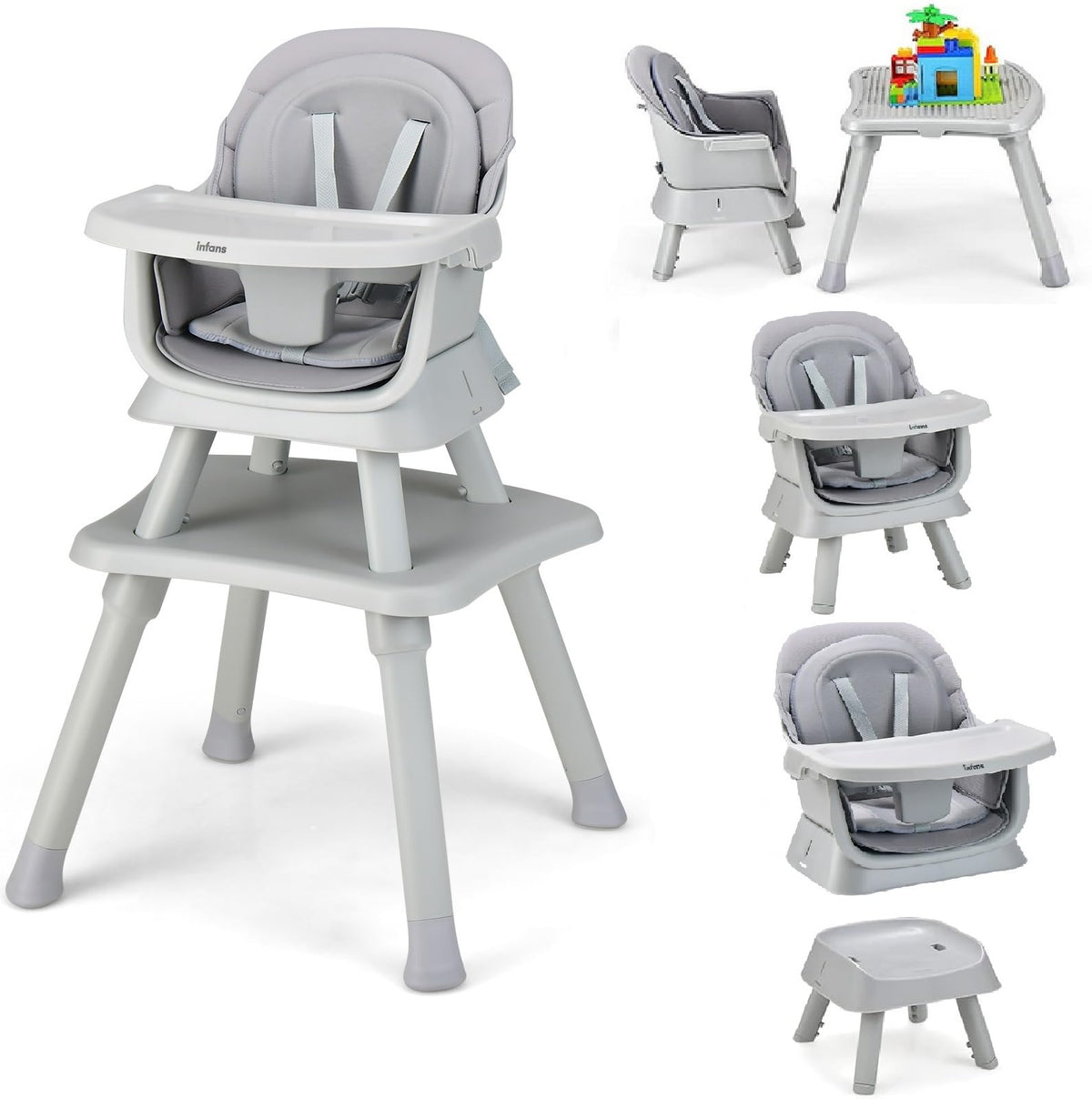 INFANS 8 in 1 Baby High Chair, Convertible Highchair for Babies and Toddlers, Infant Dining Booster Seat, Building Block Table, Kids Stool Table Chair Set with Removable Tray (Grey) 🍁 All In One Marketplace Canada