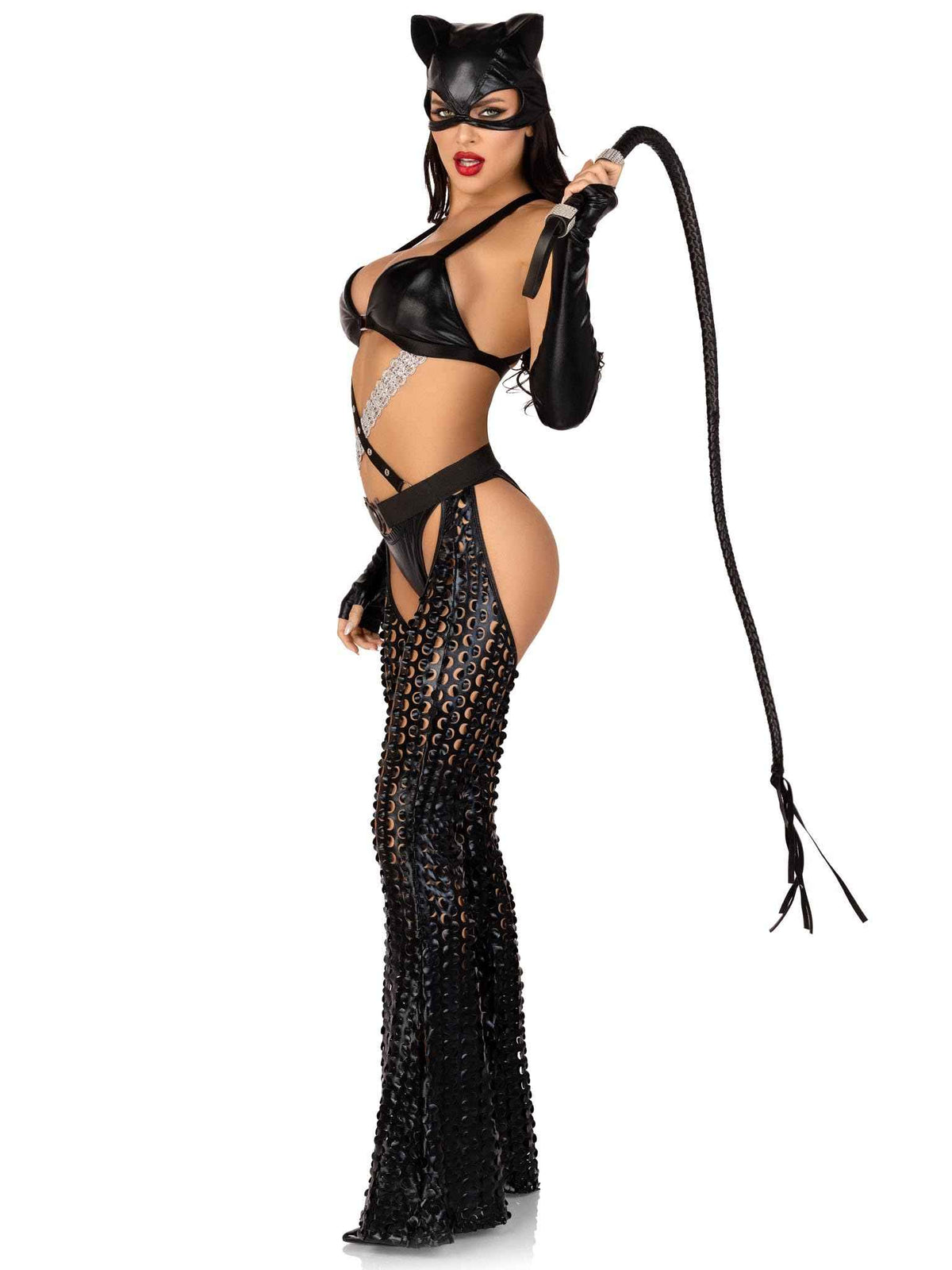 Leg Avenue Women’s 3 PC Mistress Kitty Halloween Costume with Catsuit, SMALL, Black