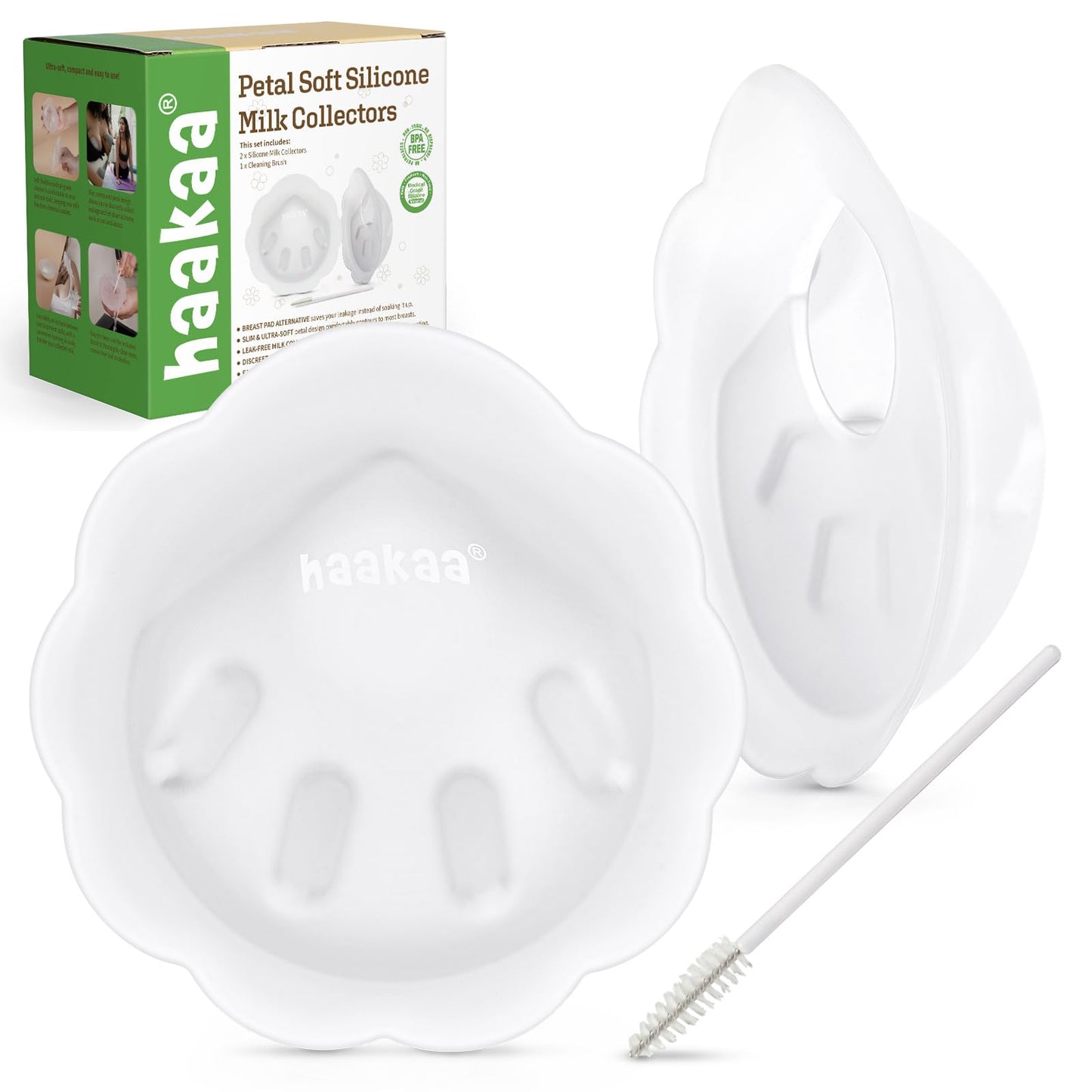 haakaa Petal Soft Silicone Milk Collector丨Discreet Leak-Protection Breast Milk Saver, Reusable Breast Shells Milk Collection Cup for Breastfeeding with Cleaning Brush- 2PCS 🍁 All In One Marketplace Canada